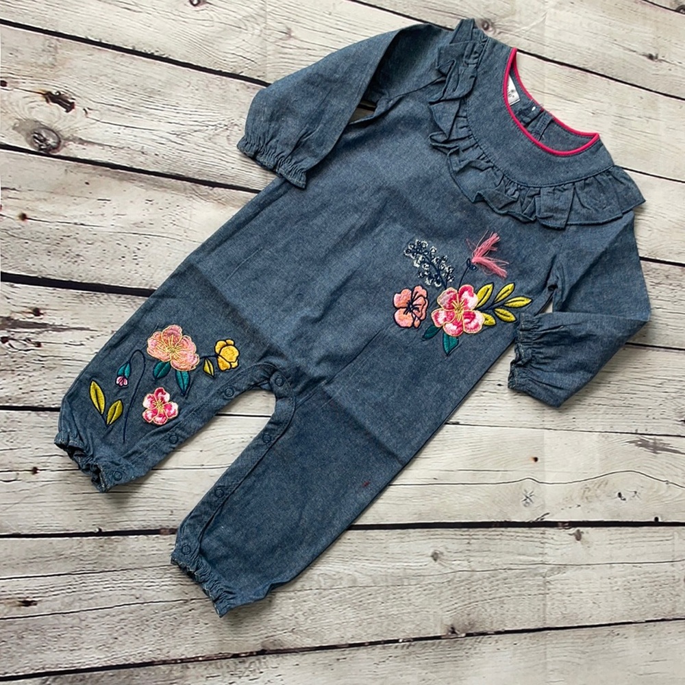 MudPie Chambray Ruffle Denim one piece